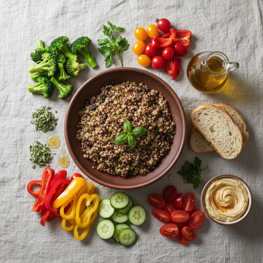 Ipertensione e alimentazione: piatto antinfiammatorio con cereali integrali legumi verdure colorate e olio extravergine per sostenere il microbiota e la pressione arteriosa