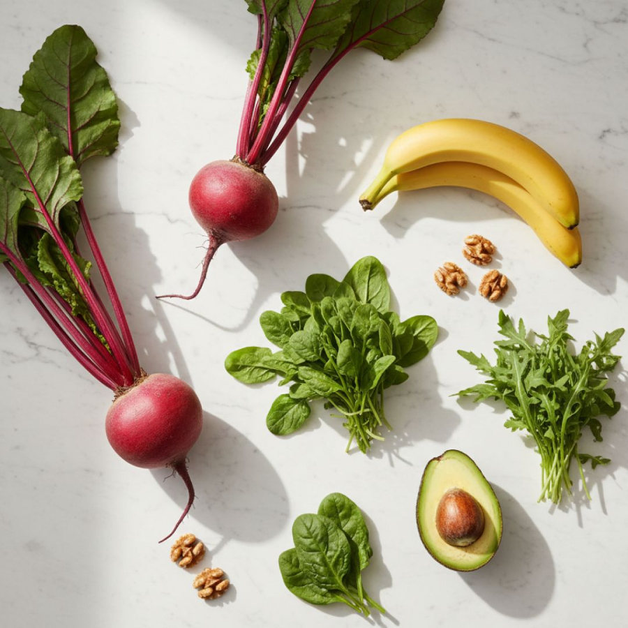 Alimenti naturali che aiutano a ridurre la pressione arteriosa tra cui barbabietola spinaci rucola e noci disposti su marmo bianco