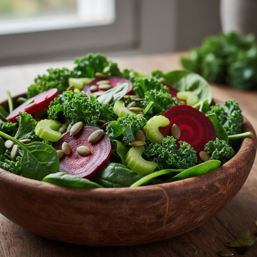 Ciotola con verdure a foglia scura barbabietola sedano e semi di zucca ricchi di nitrati naturali per la salute cardiovascolare